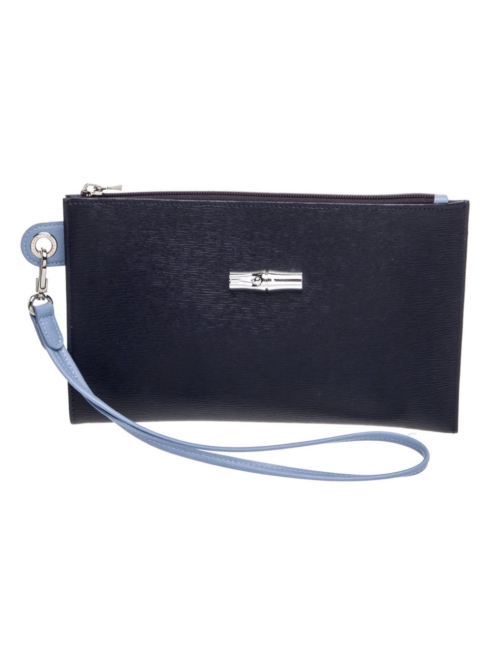 Longchamp Black Leather Wristlet Clutch with Light Blue Strap